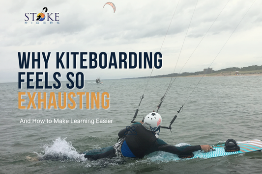 Why Kiteboarding Feels So Exhausting for Beginners blog cover showing a beginner kiteboarder practicing a water start on Lake Michigan with the Stoke Riders logo and title about reducing fatigue through better technique, gear, and learning conditions.