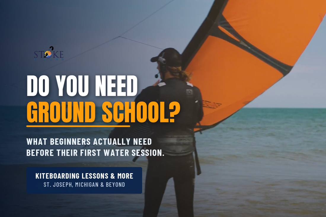 Beginner kiteboarding ground school lesson with Stoke Riders on Lake Michigan