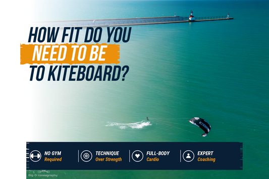 How Fit Do You Need to Be to Kiteboard? Blog cover showing a kiteboarder riding on Lake Michigan near the South Haven pier.