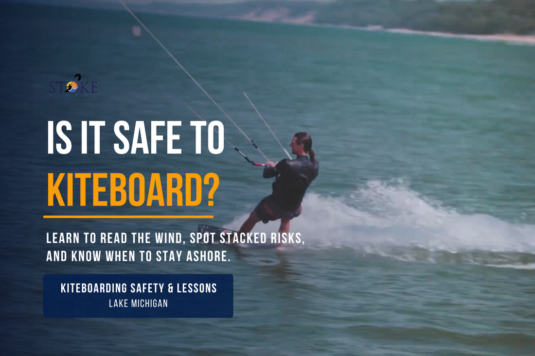 Kiteboarder riding on Lake Michigan with safety guide text about wind, risks, and knowing when to stay ashore.