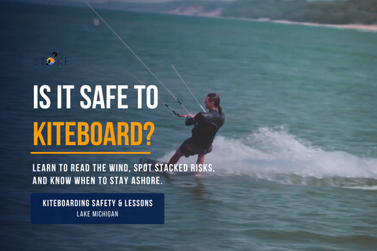 Kiteboarder riding on Lake Michigan with safety guide text about wind, risks, and knowing when to stay ashore.