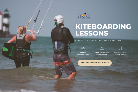 Stoke Riders kiteboarding lesson on Lake Michigan with instructor and student practicing in shallow water near a lighthouse