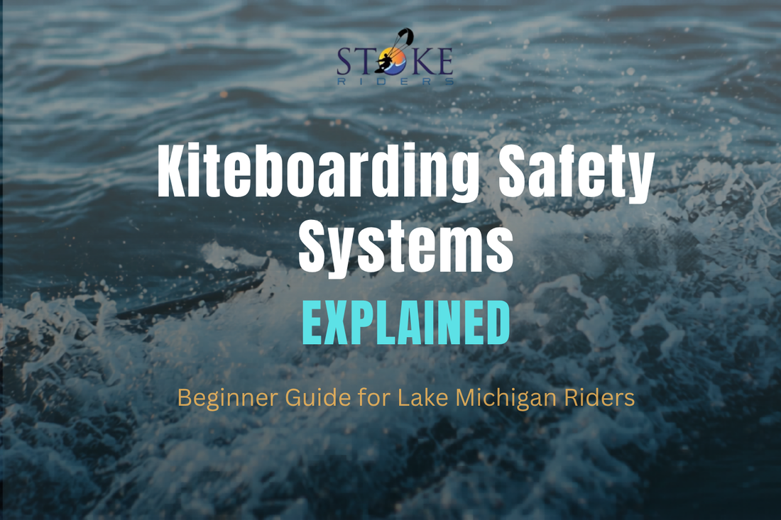 Kiteboarding safety systems explained for beginner kiteboarders on Lake Michigan, featuring emergency safety procedures, control bar systems, and quick release training.