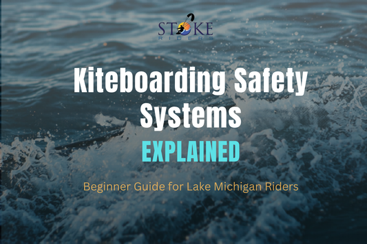 Kiteboarding safety systems explained for beginner kiteboarders on Lake Michigan, featuring emergency safety procedures, control bar systems, and quick release training.