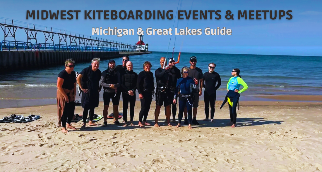 Midwest kiteboarding community gathering on a Lake Michigan beach near a pier
