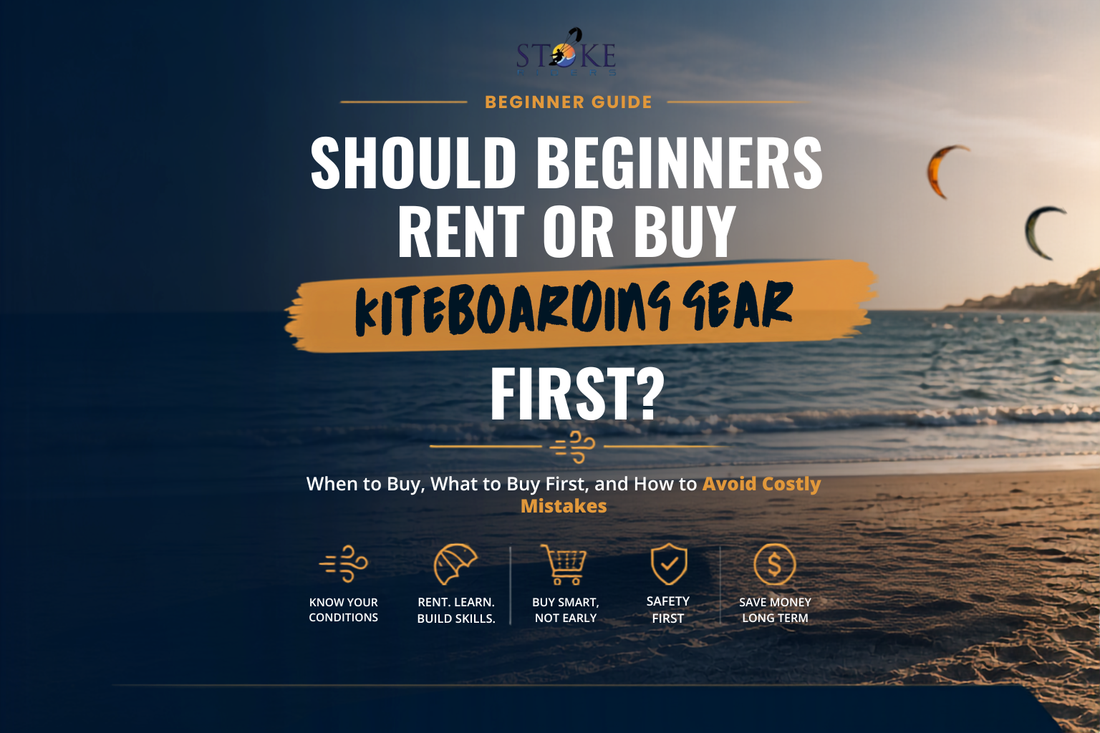Beginner kiteboarding guide comparing whether to rent or buy your first kiteboarding gear, featuring a kitesurfing beach scene and advice on choosing your first kiteboarding setup.