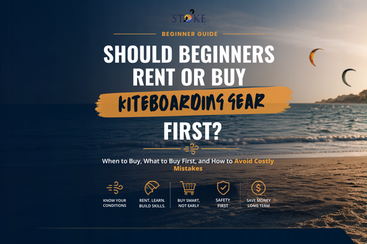 Beginner kiteboarding guide comparing whether to rent or buy your first kiteboarding gear, featuring a kitesurfing beach scene and advice on choosing your first kiteboarding setup.
