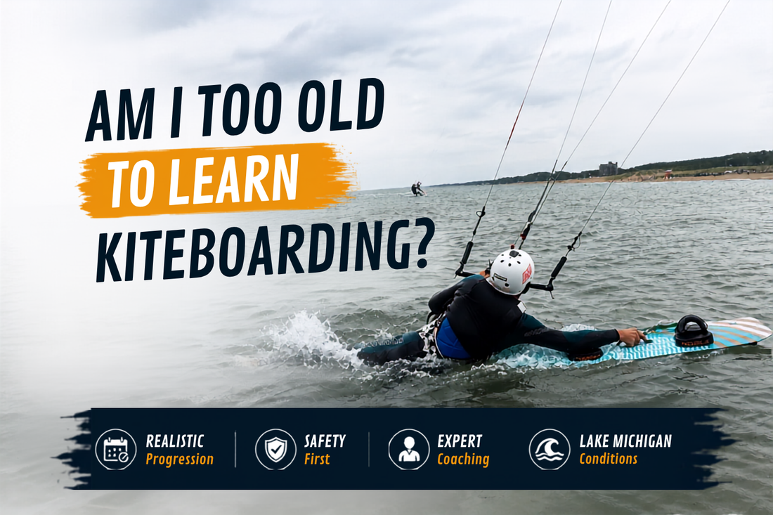 Am I Too Old to Learn Kiteboarding? Blog cover featuring an adult beginner practicing a water start during a Lake Michigan kiteboarding lesson with expert coaching and safe progression.