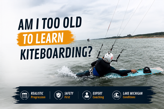 Am I Too Old to Learn Kiteboarding? Blog cover featuring an adult beginner practicing a water start during a Lake Michigan kiteboarding lesson with expert coaching and safe progression.