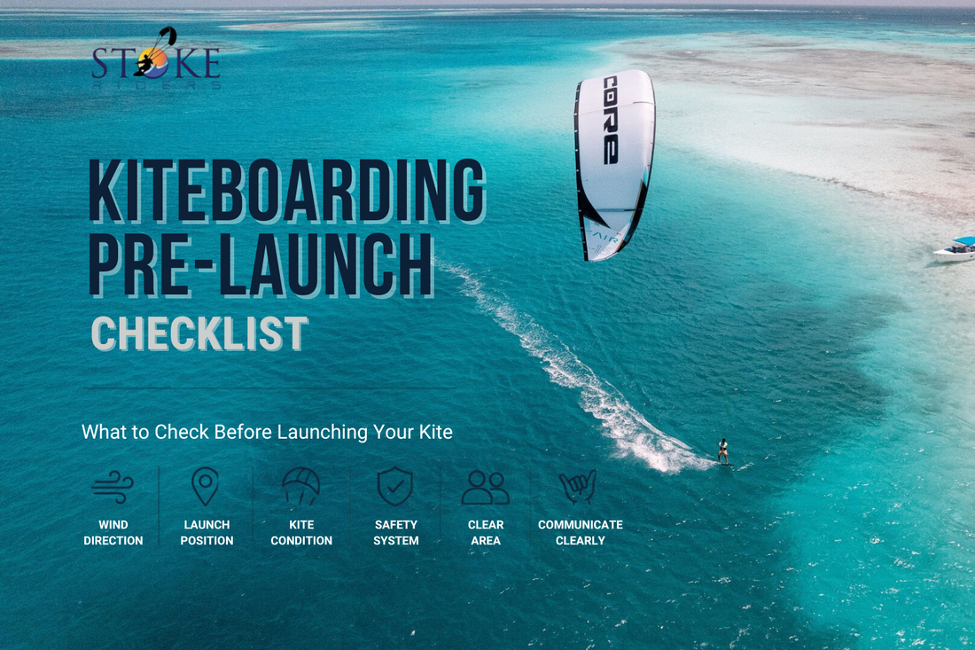 Kiteboarder riding across shallow turquoise water during a kiteboarding session, demonstrating the importance of choosing a safe launch area and assessing conditions before launching a kite.
