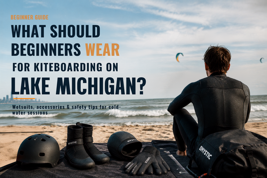 Beginner kiteboarder wearing a wetsuit for cold-water kiteboarding on Lake Michigan.