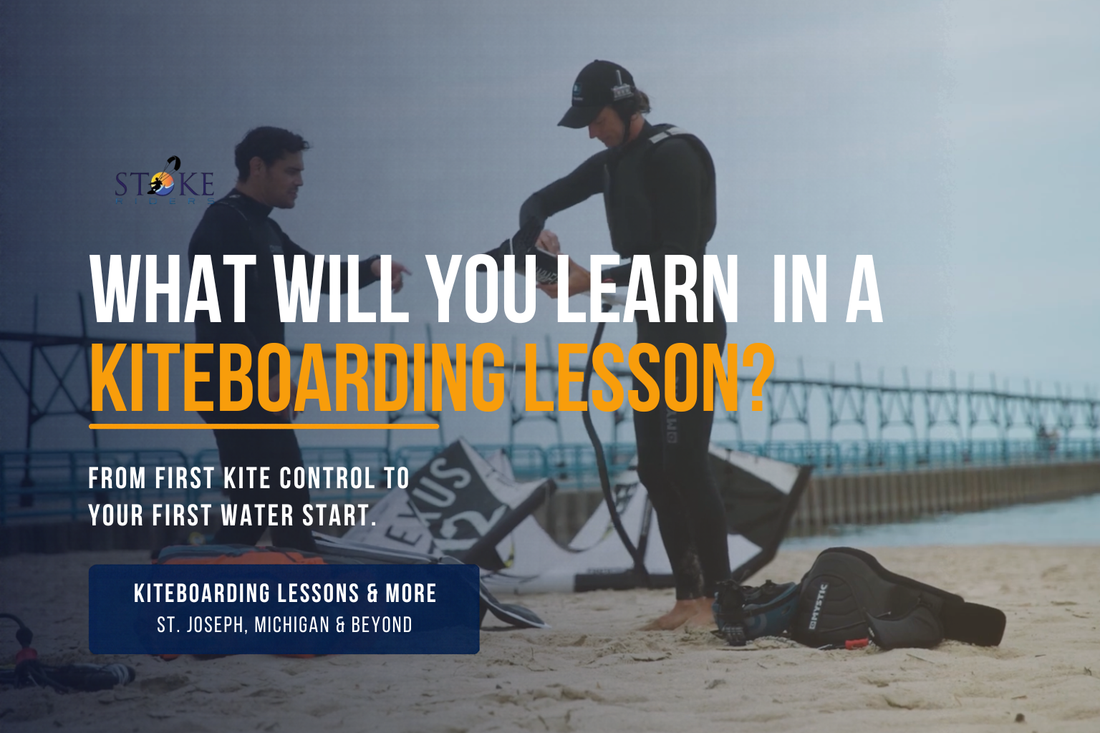 Beginner kiteboarding lesson guide covering kite control, water starts, safety skills, and progression on Lake Michigan