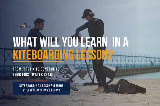 Beginner kiteboarding lesson guide covering kite control, water starts, safety skills, and progression on Lake Michigan