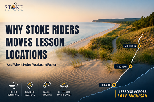 Stoke Riders kiteboarding lessons across Lake Michigan showing adaptive lesson locations between Chicago, St. Joseph, and Muskegon for better beginner learning conditions