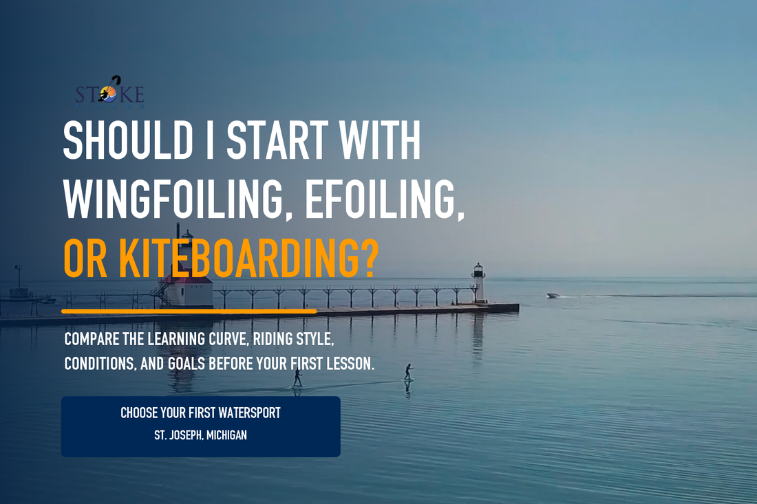 Wingfoiling and eFoiling on Lake Michigan near St. Joseph, comparing beginner watersports with kiteboarding.